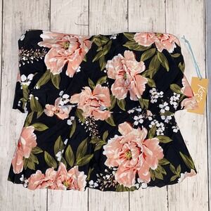 Kona Sol Tankini Womens Small Black Pink Rose Floral Swimsuit Ruffle NEW S